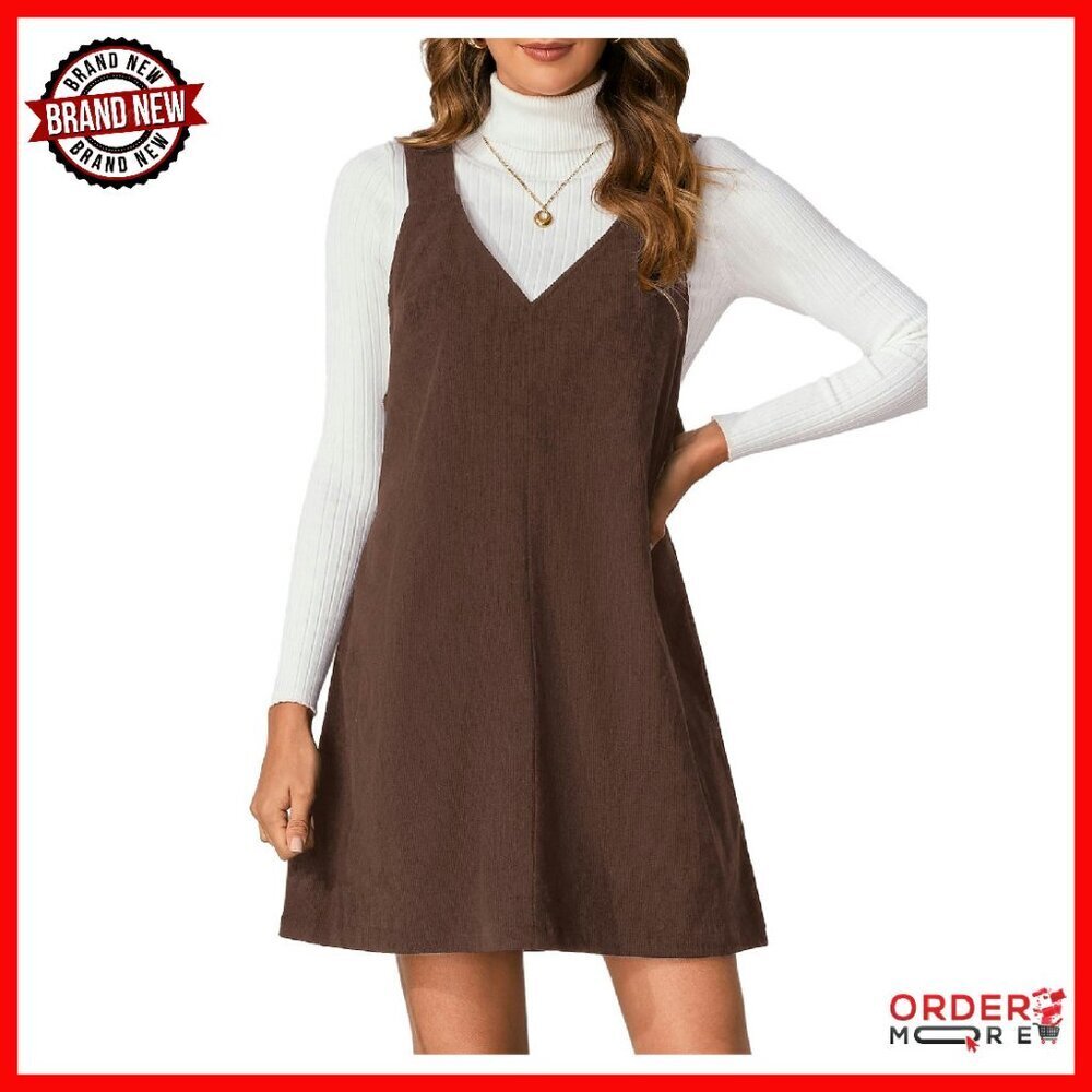 Corduroy V-Neck Jumper Dress, 100% Polyester, Loose Fit Mini Pinafore